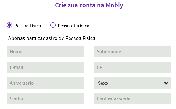 Imagem de um formulário de cadastro na loja virtual da Mobly, com os campos para preencher de nome, sobrenome, e-mail, CPF, aniversário, sexo, senha e confirmar senha.
